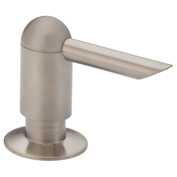 Stainless steel soap dispenser with domed top, cylindrical body, angled spout, and circular base.