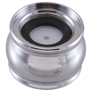 Chrome faucet aerator with clear plastic body and black rubber seal ring, threaded base visible.