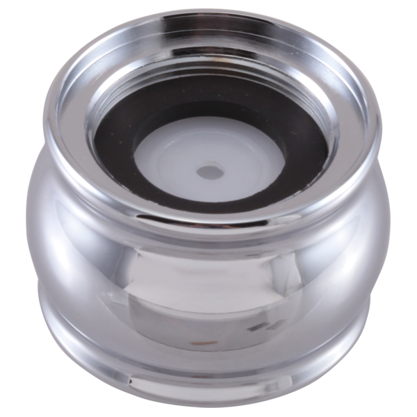 Chrome faucet aerator with clear plastic body and black rubber seal ring, threaded base visible.