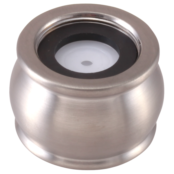 Brushed nickel faucet aerator with black rubber ring and white internal disk component.