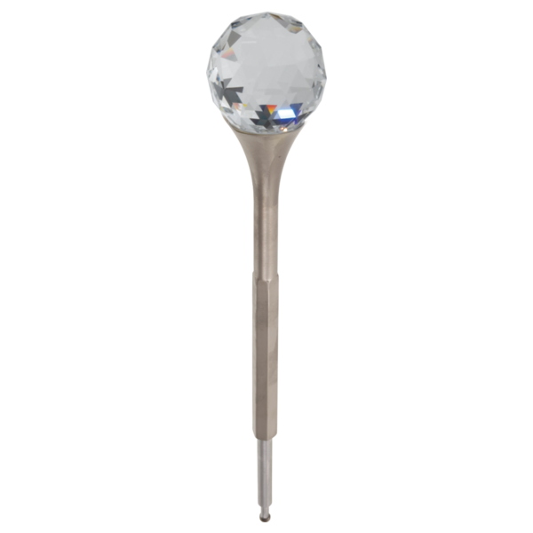 Brushed nickel finial with faceted Swarovski crystal sphere top for faucet handle.