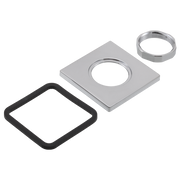 Chrome finish handle base with square mounting plate, black rubber gasket, and threaded ring for roman tub faucet assembly.