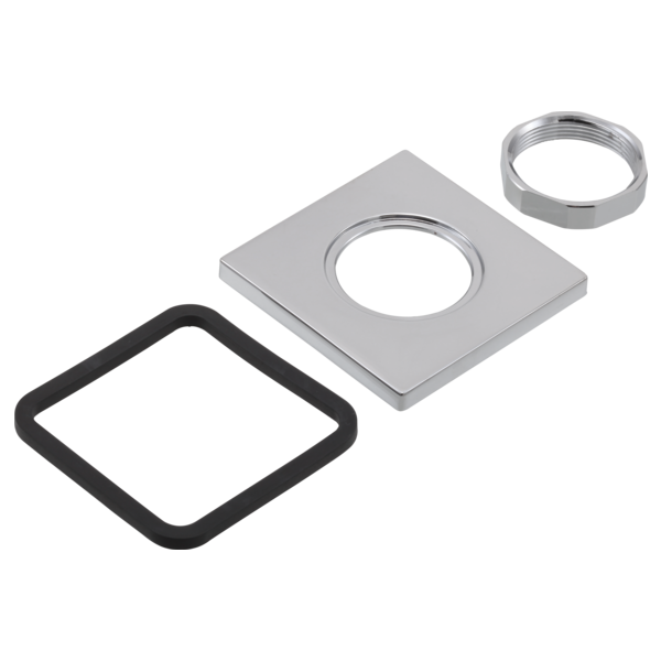 Chrome finish handle base with square mounting plate, black rubber gasket, and threaded ring for roman tub faucet assembly.