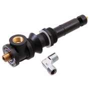 Black diverter valve with brass ports and threaded connections, shown with separate chrome elbow connector.