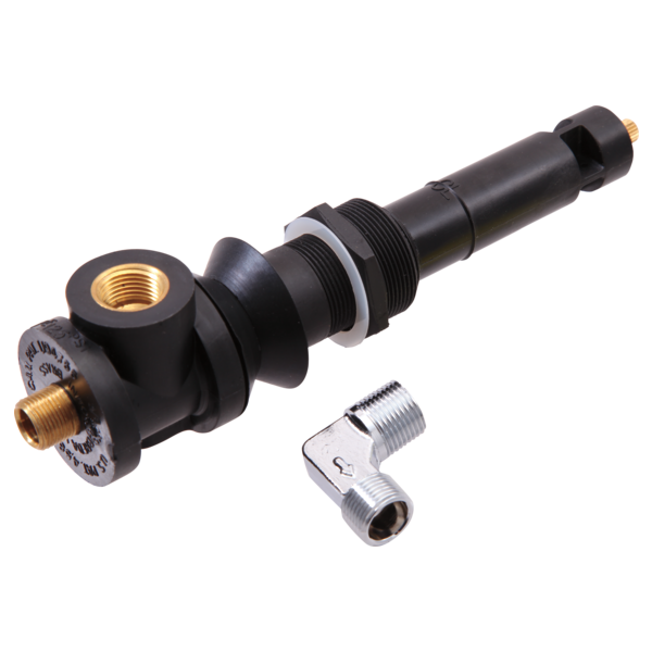 Black diverter valve with brass ports and threaded connections, shown with separate chrome elbow connector.
