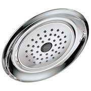 Chrome raincan shower head with multiple water jets arranged in concentric circles on white face plate.