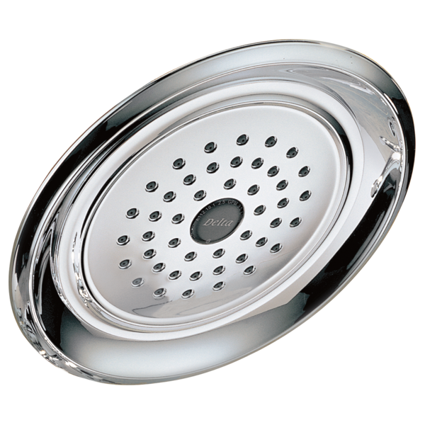 Chrome raincan shower head with multiple water jets arranged in concentric circles on white face plate.