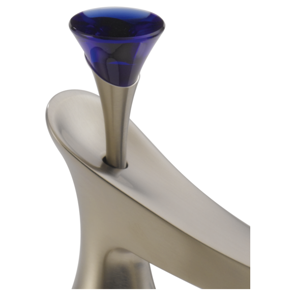Blue glass finial with brushed nickel metal base for widespread faucet installation.