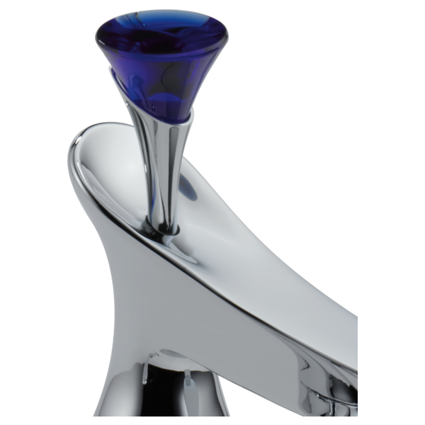 Blue glass finial with chrome stem and base for widespread faucet installation.
