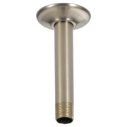 Brushed nickel ceiling mount shower arm with 6-inch length and round flange plate.