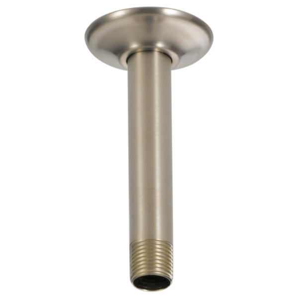 Brushed nickel ceiling mount shower arm with 6-inch length and round flange plate.