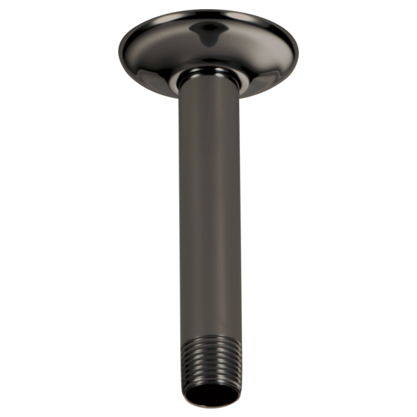 Black onyx ceiling mount shower arm with round flange and threaded connection.