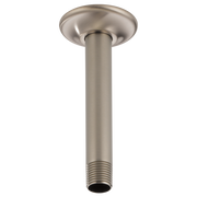 Luxe nickel ceiling mount shower arm with round flange and threaded connection port.