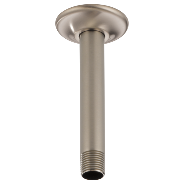 Luxe nickel ceiling mount shower arm with round flange and threaded connection port.