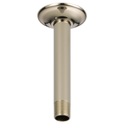 Polished nickel ceiling mount shower arm with 6" length and round flange connector.