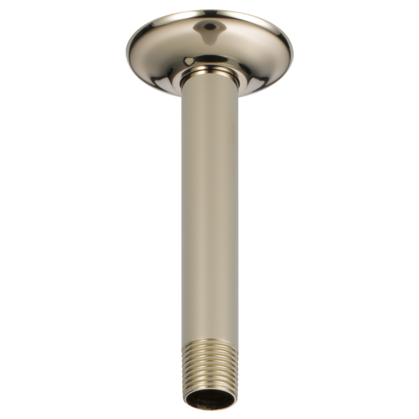 Polished nickel ceiling mount shower arm with 6" length and round flange connector.