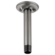 Luxe steel ceiling mount shower arm with round flange and threaded connector, 6 inches long.