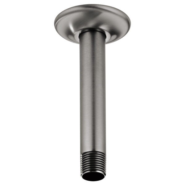 Luxe steel ceiling mount shower arm with round flange and threaded connector, 6 inches long.
