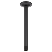 Matte black ceiling-mounted shower arm with round flange and threaded connection end.