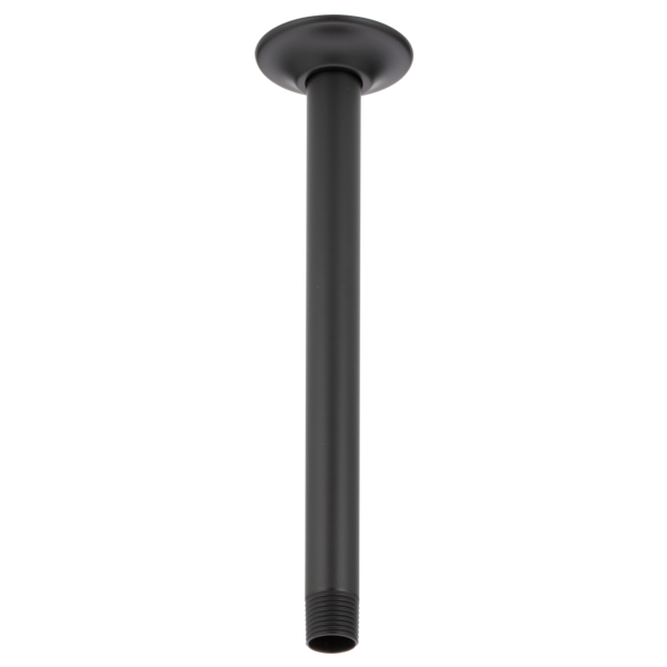 Matte black ceiling-mounted shower arm with round flange and threaded connection end.
