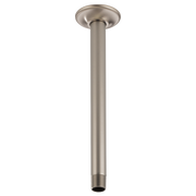 Luxe nickel ceiling mount shower arm with round flange and threaded connector at bottom.
