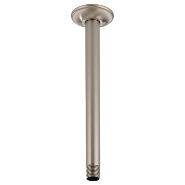 Luxe nickel ceiling mount shower arm with round flange and threaded connector at bottom.