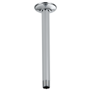 Chrome ceiling mount shower arm with round flange and threaded connector, approximately 10 inches long.