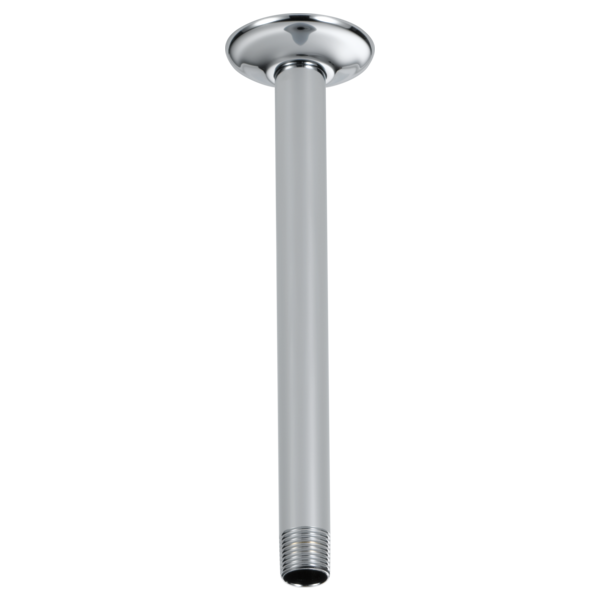 Chrome ceiling mount shower arm with round flange and threaded connector, approximately 10 inches long.