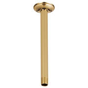 Polished gold ceiling-mount shower arm with round flange and threaded connection point.
