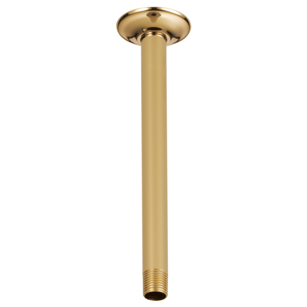 Polished gold ceiling-mount shower arm with round flange and threaded connection point.