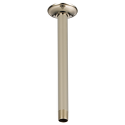 Polished nickel ceiling mount shower arm with 10" length and round flange connector.