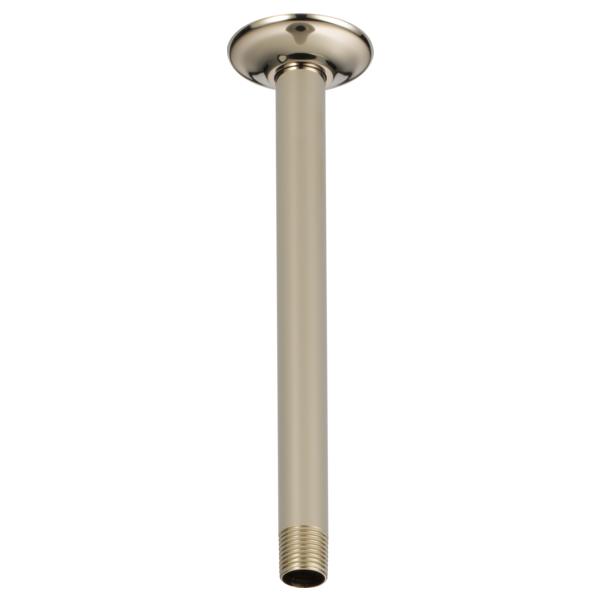 Polished nickel ceiling mount shower arm with 10" length and round flange connector.