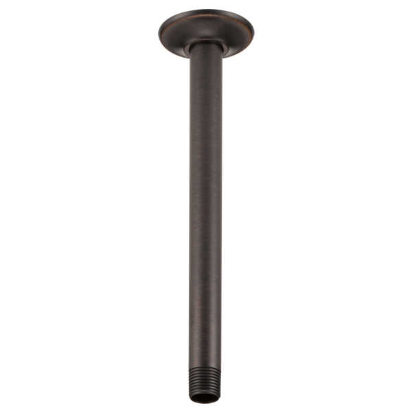 Venetian bronze ceiling-mount shower arm with round flange, 10 inches long, threaded connector at bottom.