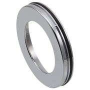Chrome screw cover ring with black rubber gasket for shower trim installation.