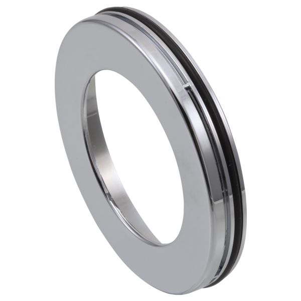 Chrome screw cover ring with black rubber gasket for shower trim installation.