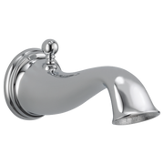 Chrome traditional tub spout with curved outlet and pull-up diverter control, mounted on escutcheon plate.