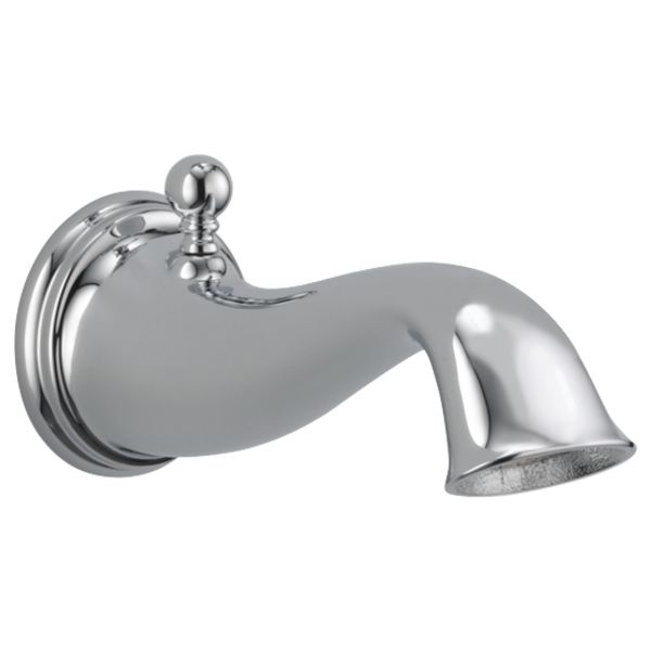 Chrome traditional tub spout with curved outlet and pull-up diverter control, mounted on escutcheon plate.