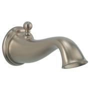 Brushed nickel curved tub spout with spherical handle and wall-mounted base.