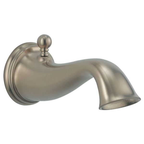 Brushed nickel curved tub spout with spherical handle and wall-mounted base.