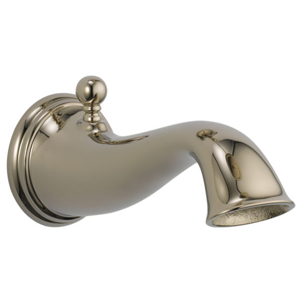 Polished nickel traditional tub spout with curved body, spherical knob, and angled outlet nozzle.