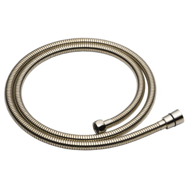 Polished nickel flexible shower hose with metal connectors on both ends.