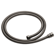 Coiled metal shower hose with ribbed texture and chrome connectors on both ends.