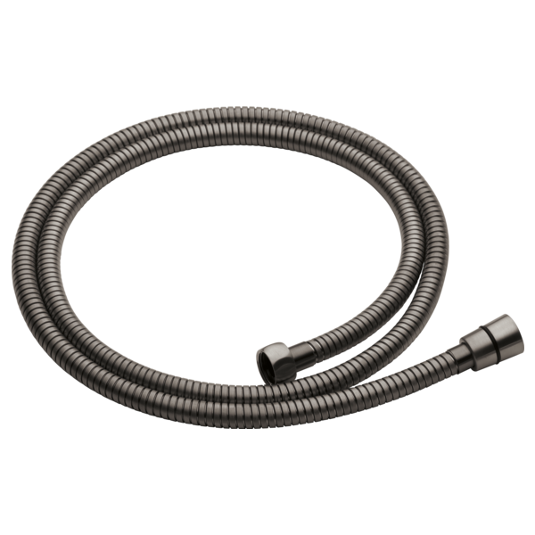 Coiled metal shower hose with ribbed texture and chrome connectors on both ends.