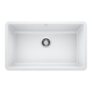 White single undermount kitchen sink with rounded corners and chrome drain basket, viewed from above.