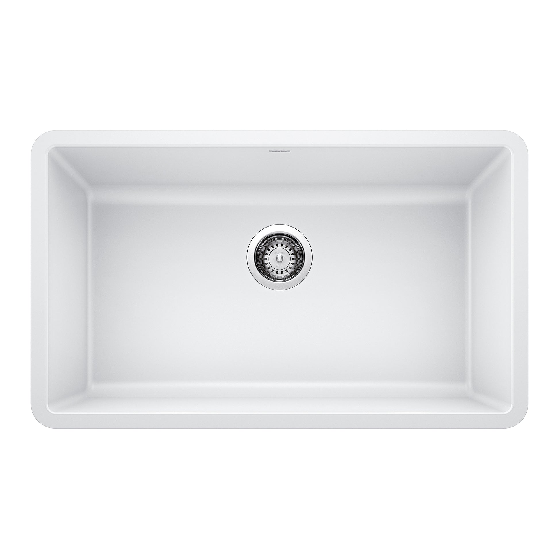 White single undermount kitchen sink with rounded corners and chrome drain basket, viewed from above.