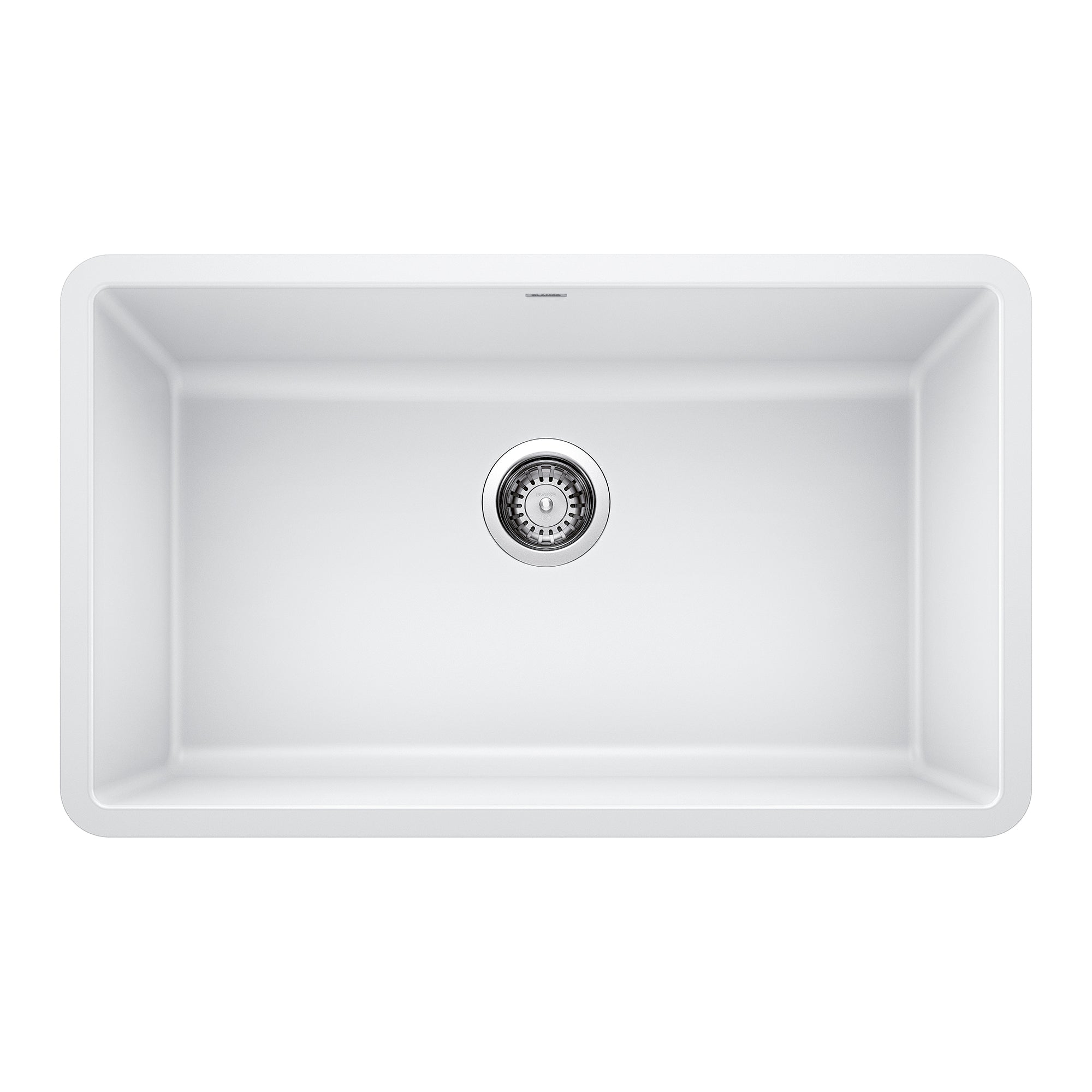 White single undermount kitchen sink with rounded corners and chrome drain basket, viewed from above.