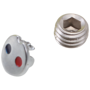 Chrome set screw and button with blue and red indicator dots on white plastic button and hexagonal socket screw.
