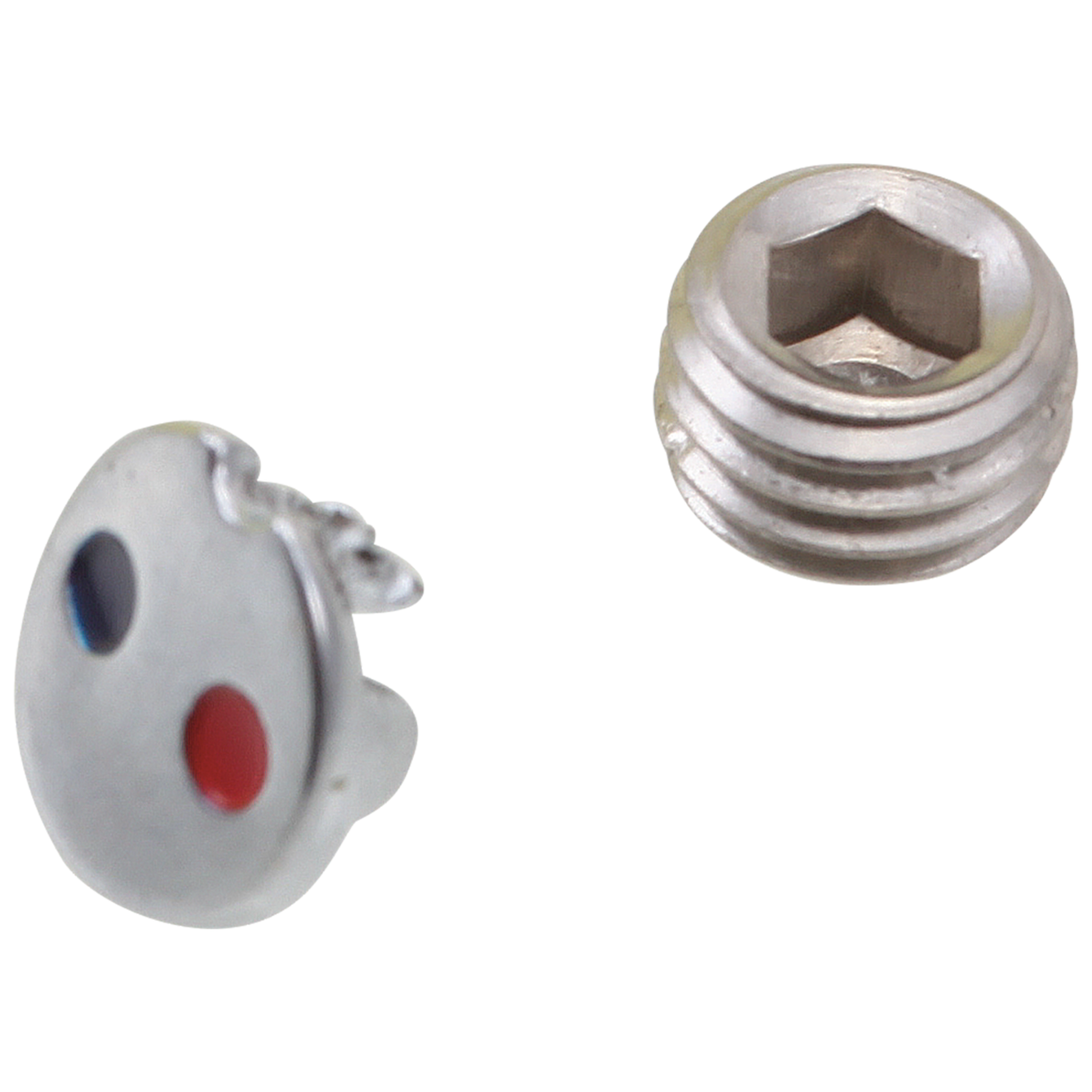 Chrome set screw and button with blue and red indicator dots on white plastic button and hexagonal socket screw.