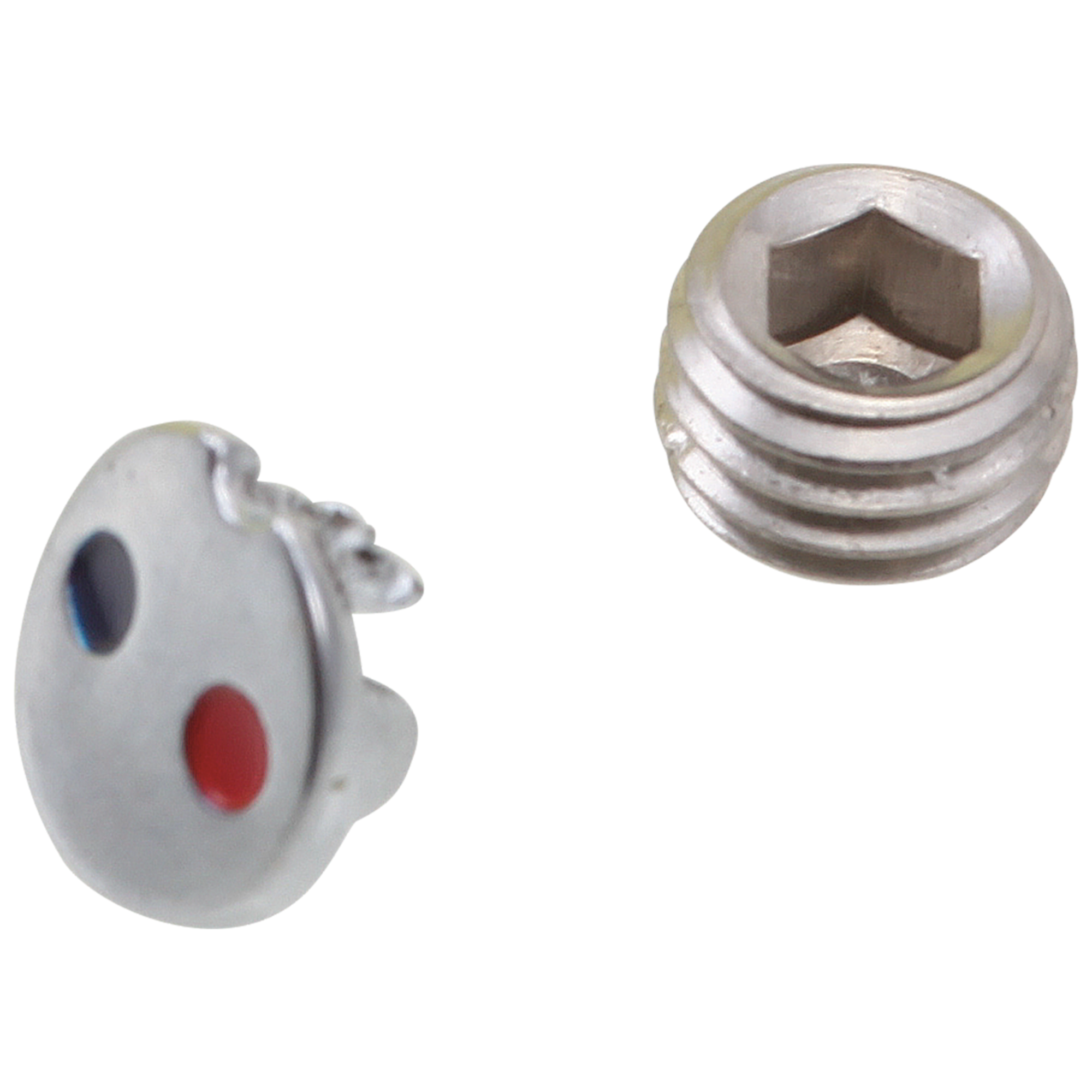 Chrome set screw and button with blue and red indicator dots on white plastic button and hexagonal socket screw.