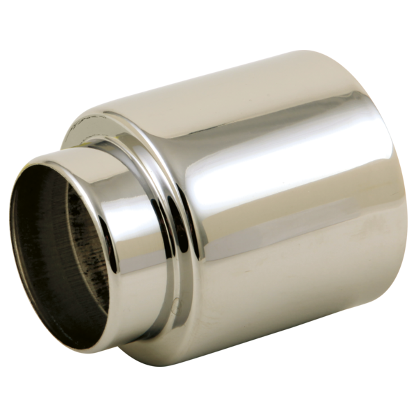 Polished nickel cylindrical trim sleeve with grooved band and open circular end for tub and shower installation.